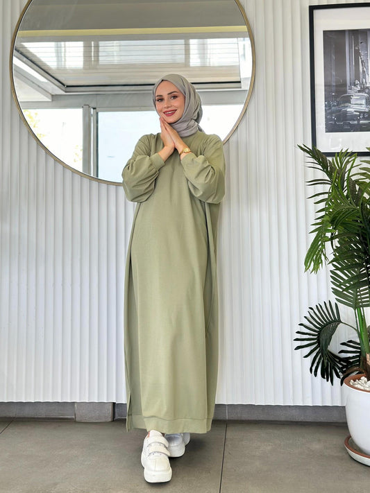 HAZAL OVERSIZED SWEAT DRESS | CASUAL ABAYA DRESS | PISTACHIO CREAM