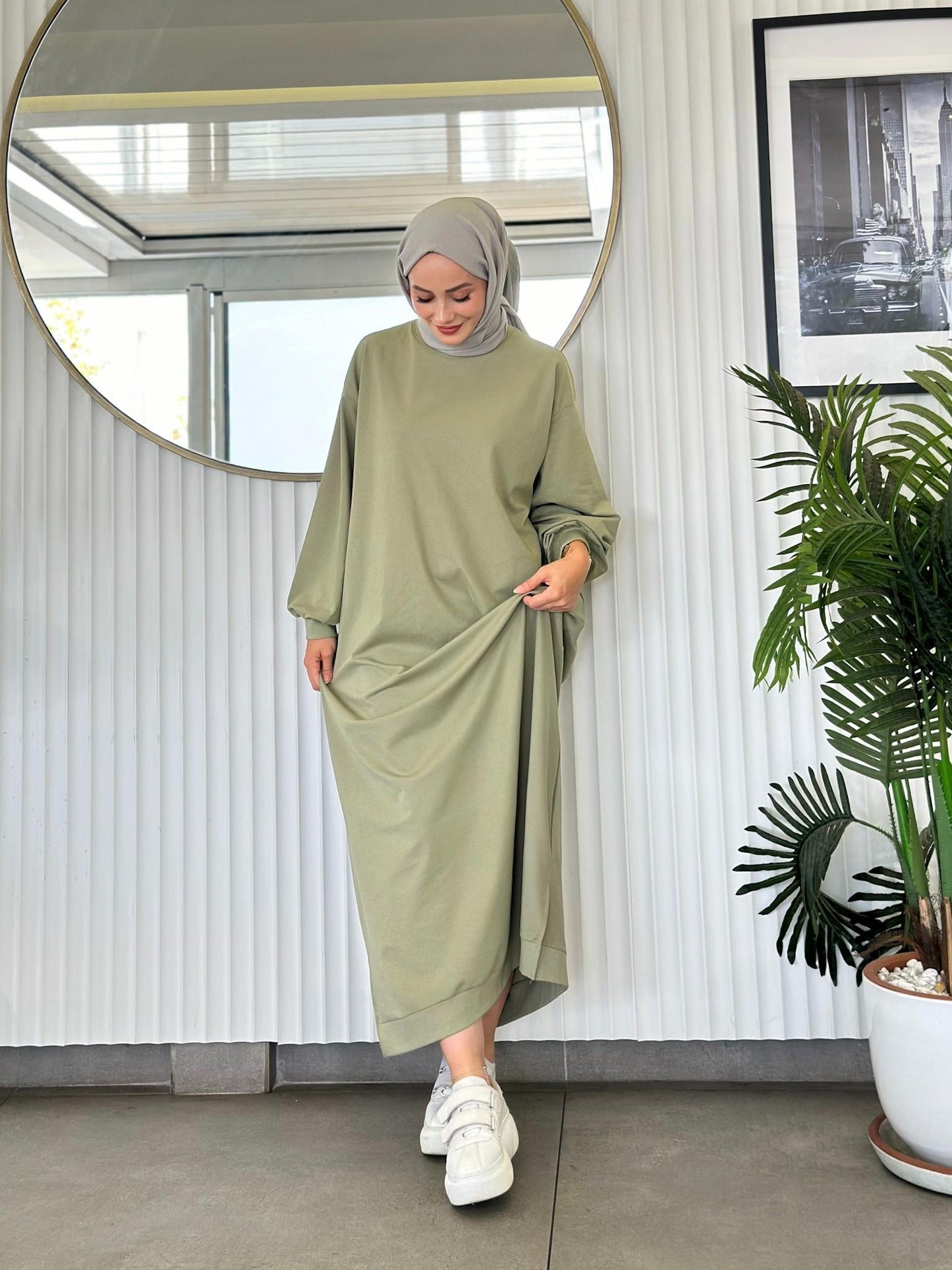 HAZAL OVERSIZED SWEAT DRESS | CASUAL ABAYA DRESS | PISTACHIO CREAM