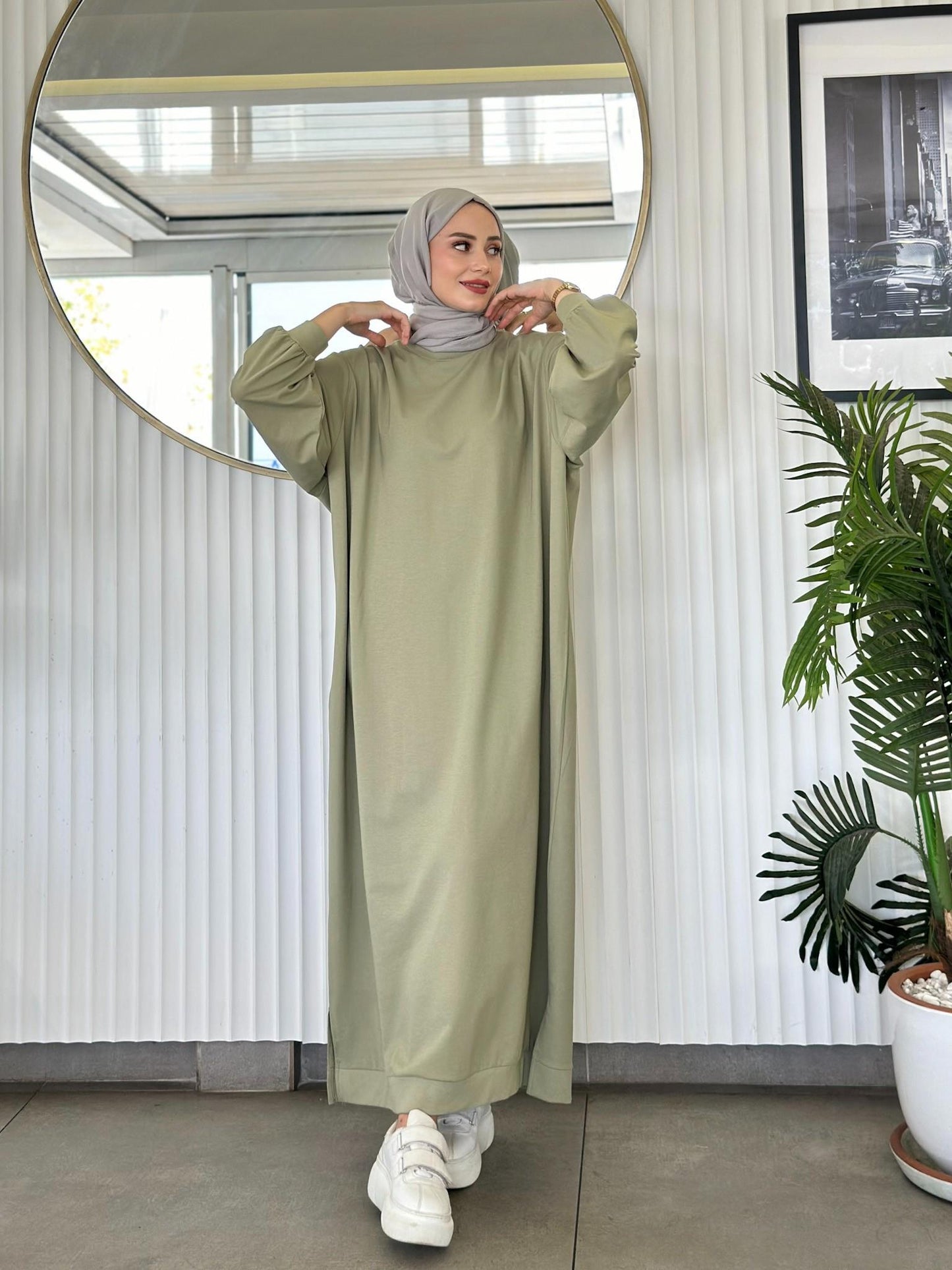 HAZAL OVERSIZED SWEAT DRESS | CASUAL ABAYA DRESS | PISTACHIO CREAM