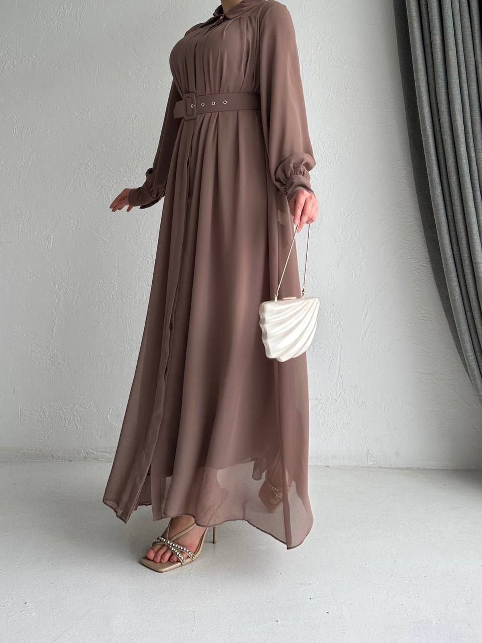 LINA CHIFFON ABAYA DRESS SET 2IN1 | DEEP MOCHA