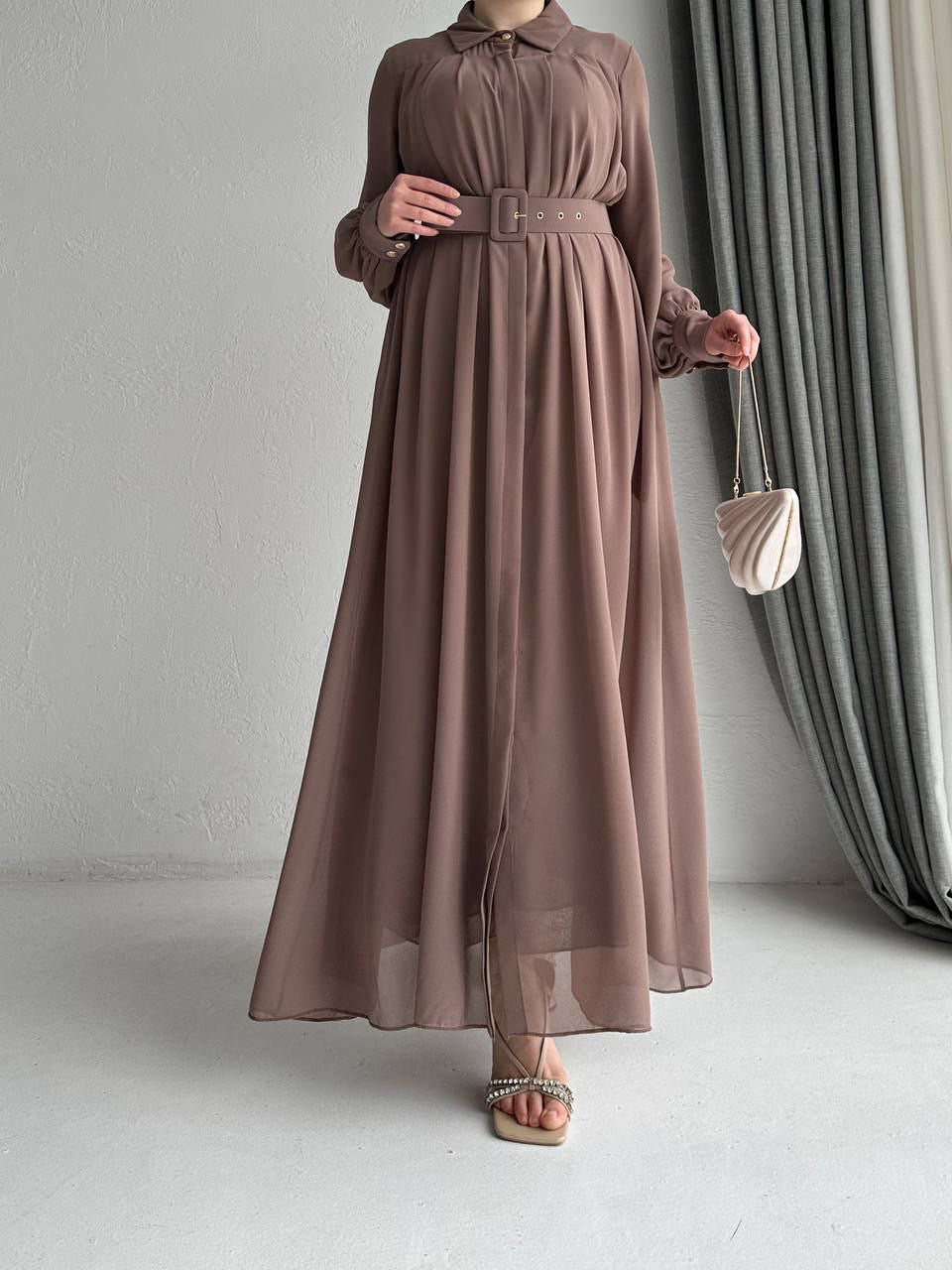 LINA CHIFFON ABAYA DRESS SET 2IN1 | DEEP MOCHA