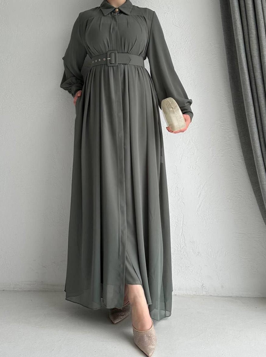 LINA CHIFFON ABAYA DRESS SET 2IN1| DEEP SAGE