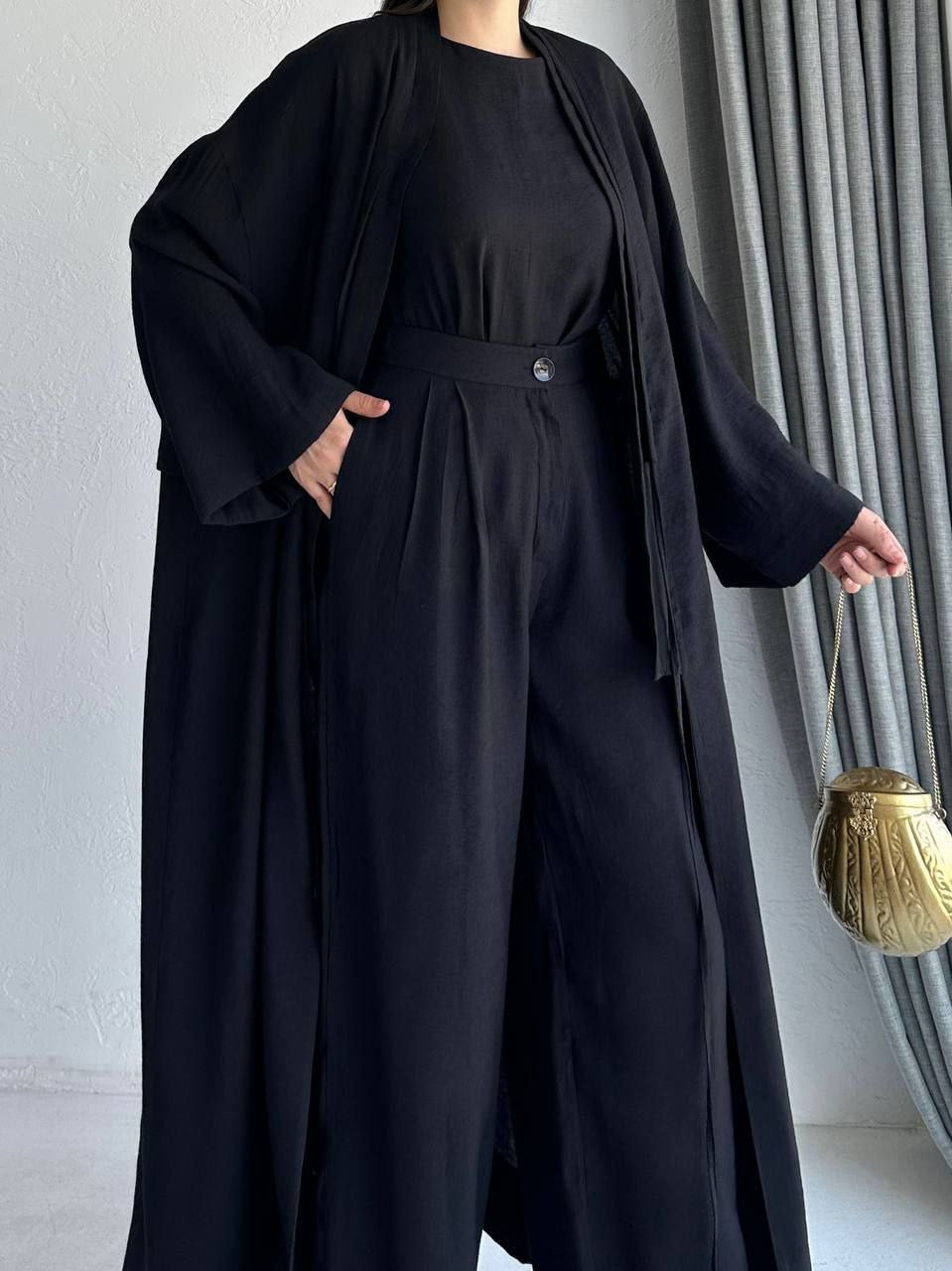 TASNIM 3IN1 LINEN ABAYA SET | WORK ABAYA | BLACK