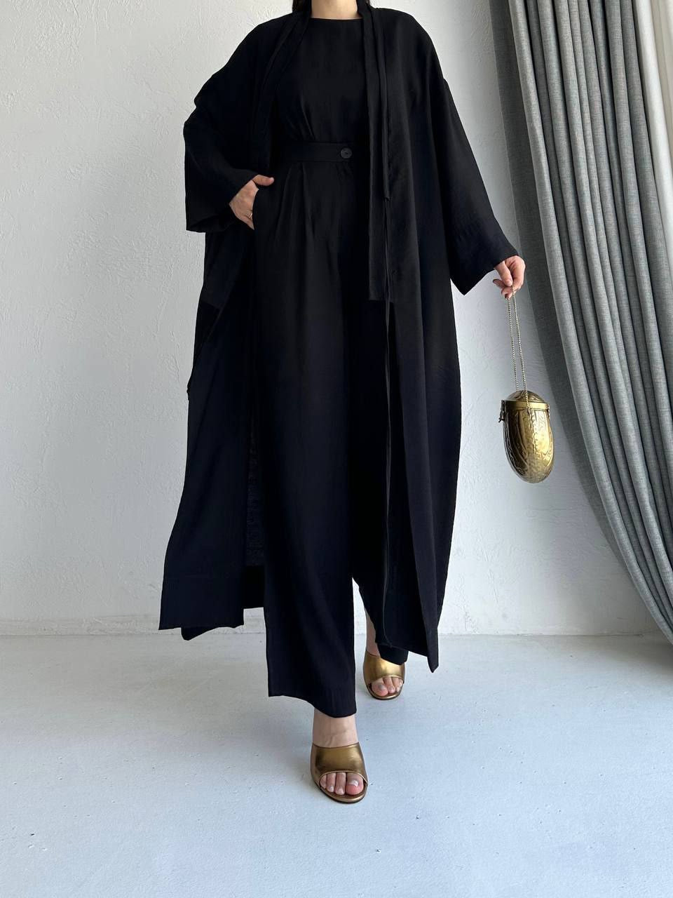 TASNIM 3IN1 LINEN ABAYA SET | WORK ABAYA | BLACK