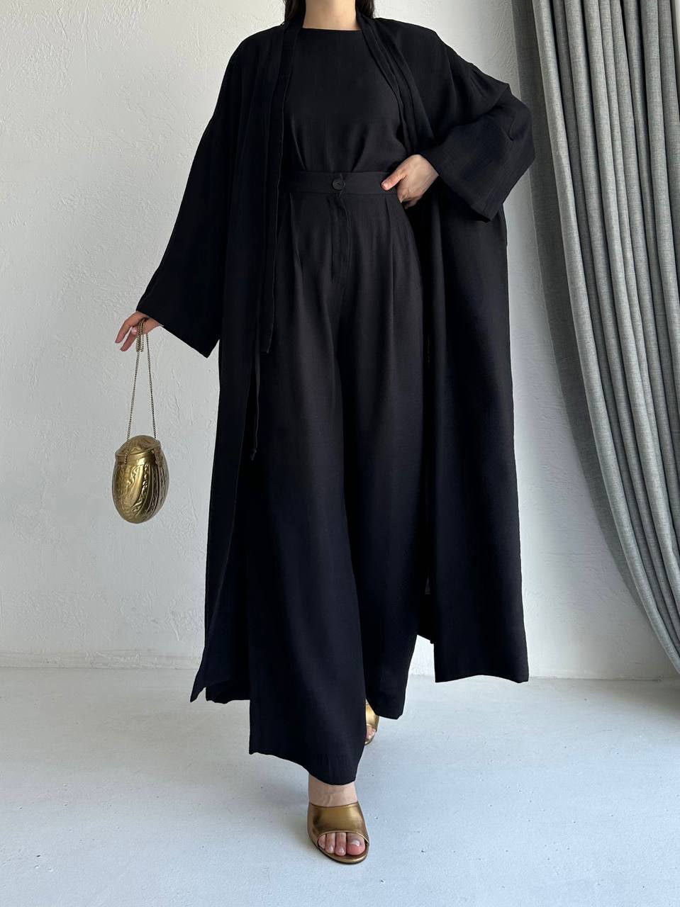 TASNIM 3IN1 LINEN ABAYA SET | WORK ABAYA | BLACK