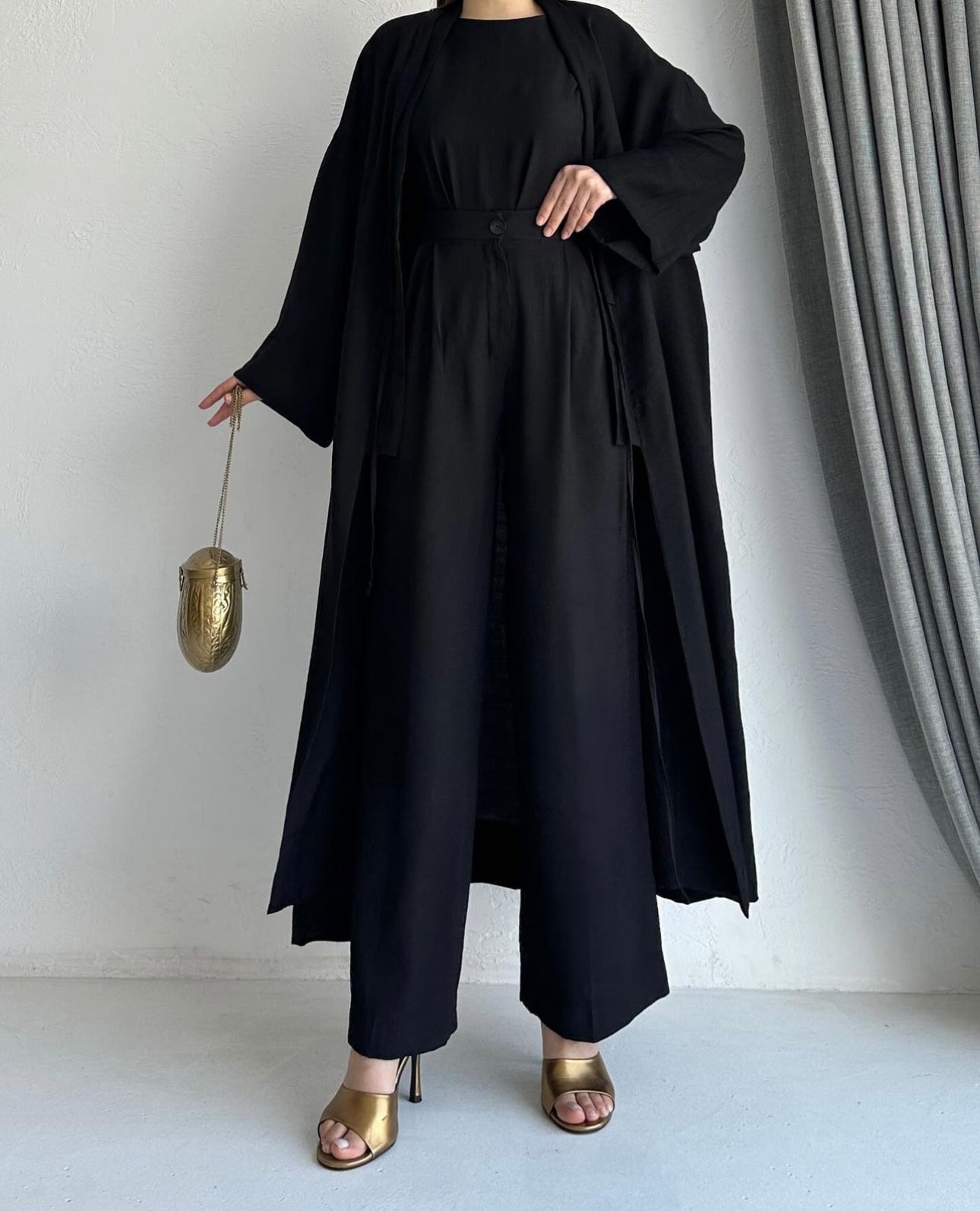 TASNIM 3IN1 LINEN ABAYA SET | WORK ABAYA | BLACK