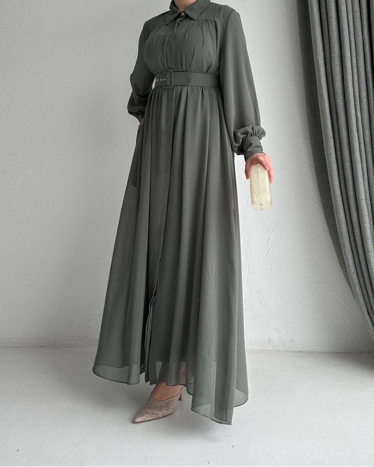 LINA CHIFFON ABAYA DRESS SET 2IN1| DEEP SAGE