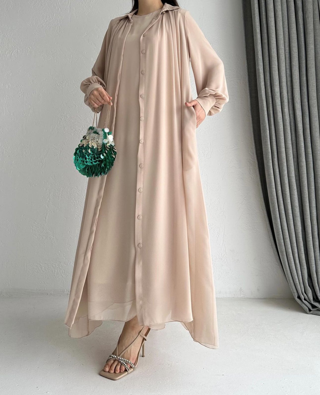 LINA CHIFFON ABAYA DRESS SET 2IN1| OLD LACE