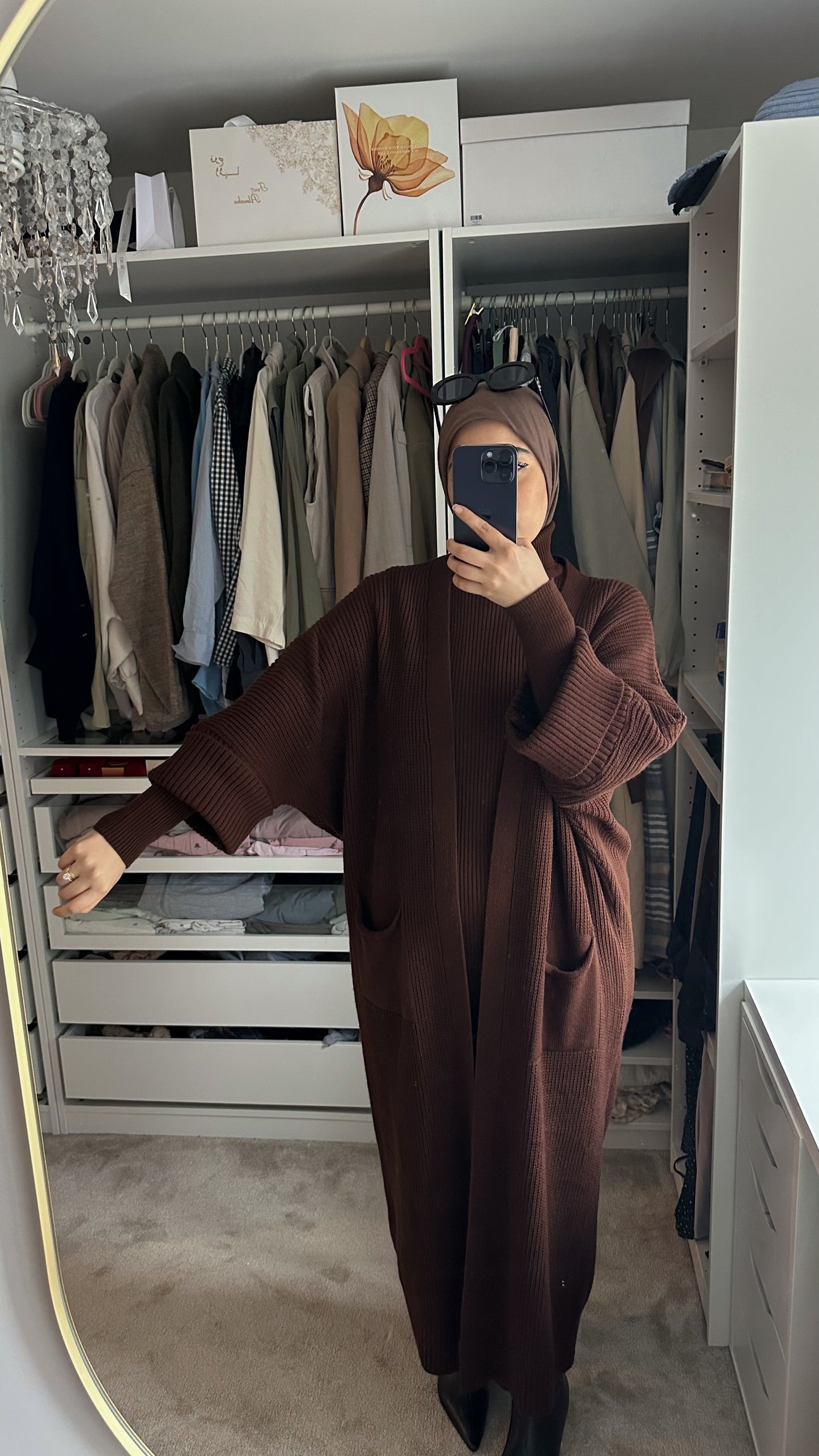 Talya Winter Abaya Knit Coord Set | Hijab cardigan dress set | Brownie