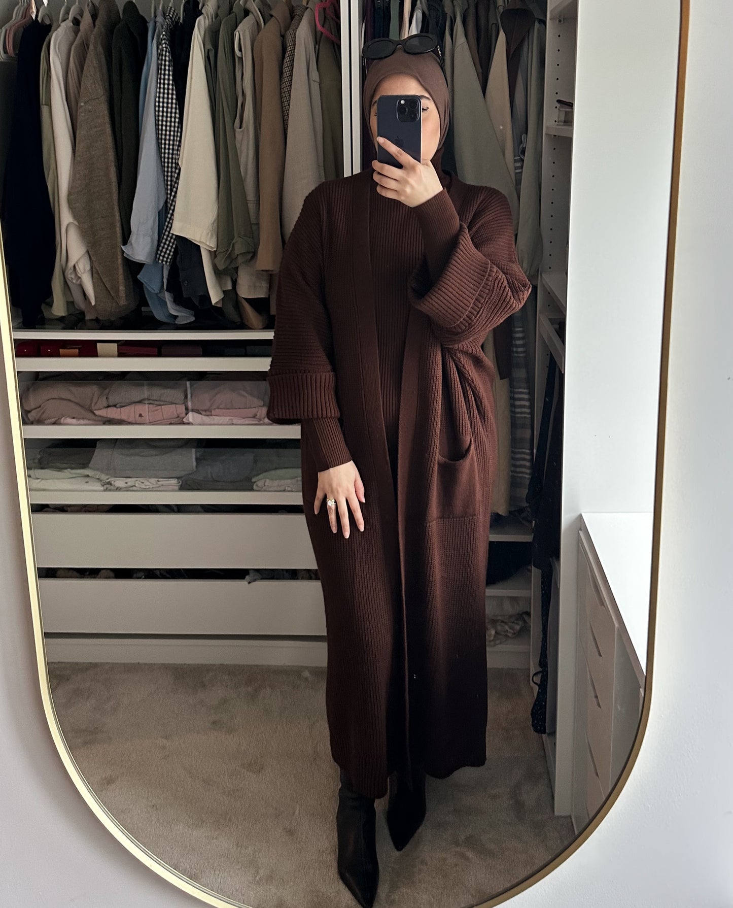 Talya Winter Abaya Knit Coord Set | Hijab cardigan dress set | Brownie