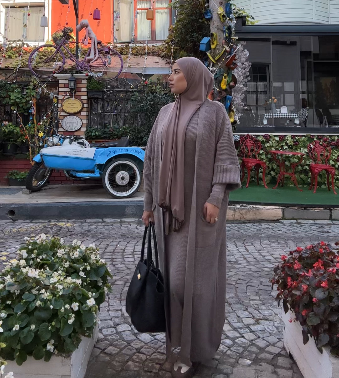 Talya Winter Abaya Knit Coord Set | Hijab cardigan dress set | Hojicha