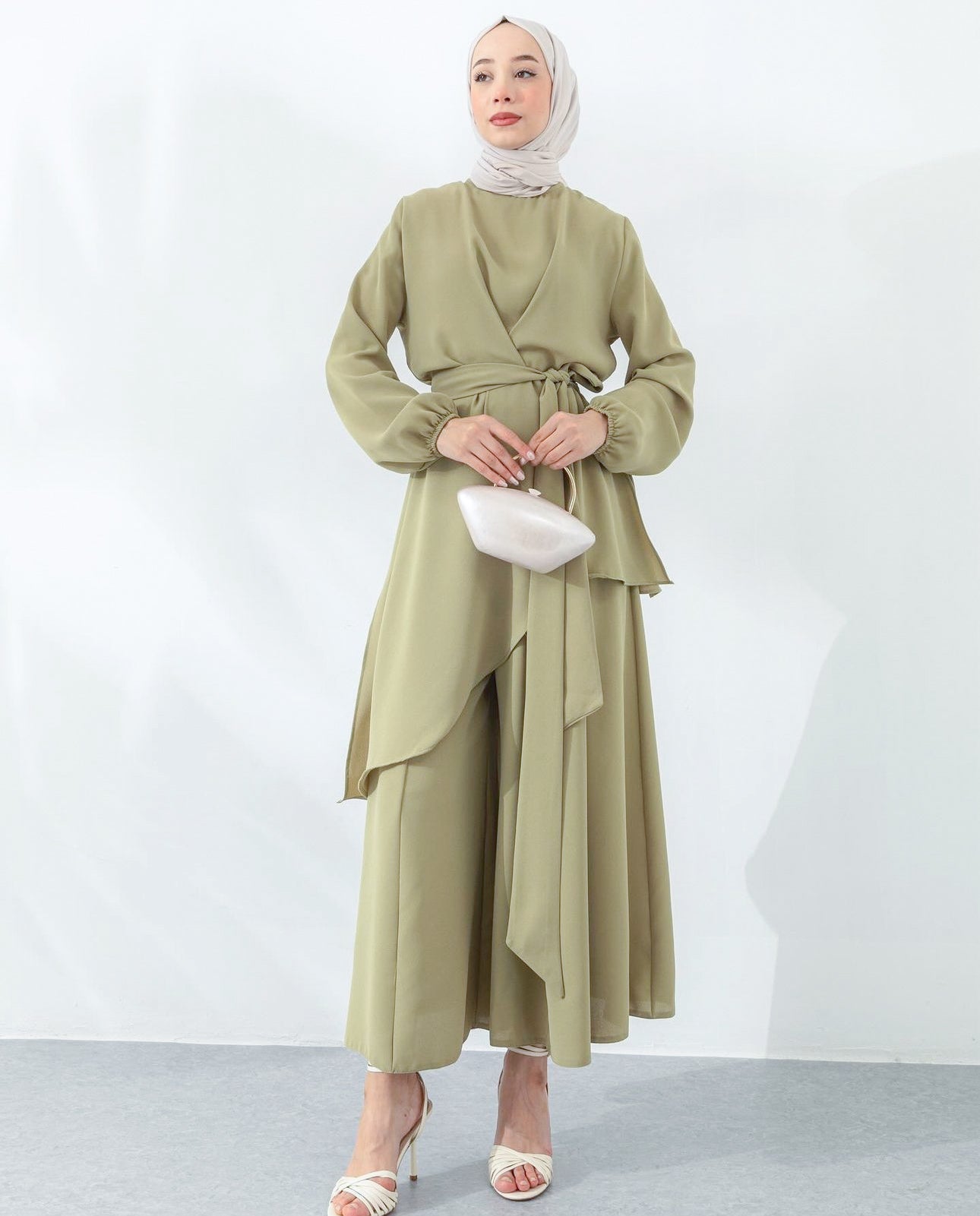 SAFAD PLEATED WIDE TROUSERS CO-ORD SET | SAGE KHAKI