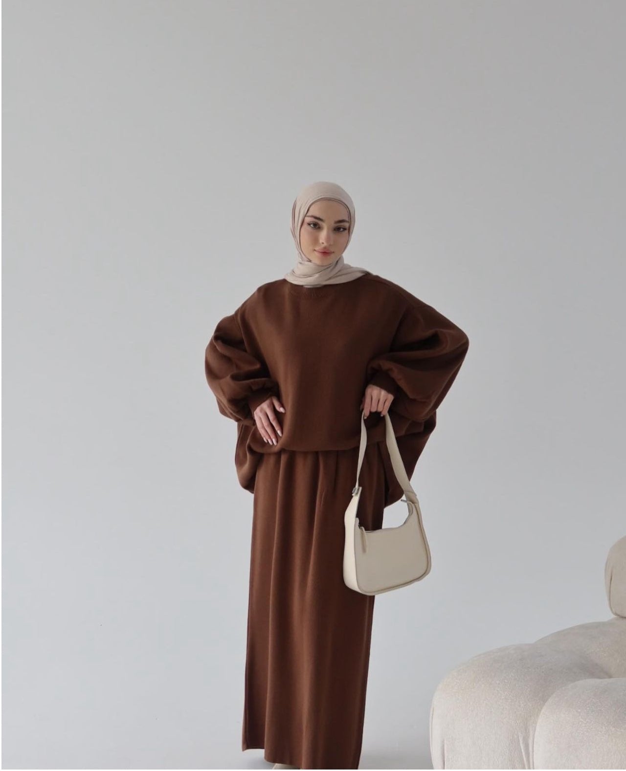 Hazal knitted modest two piece set women | Hijab winter skirt coord | Fall Brown