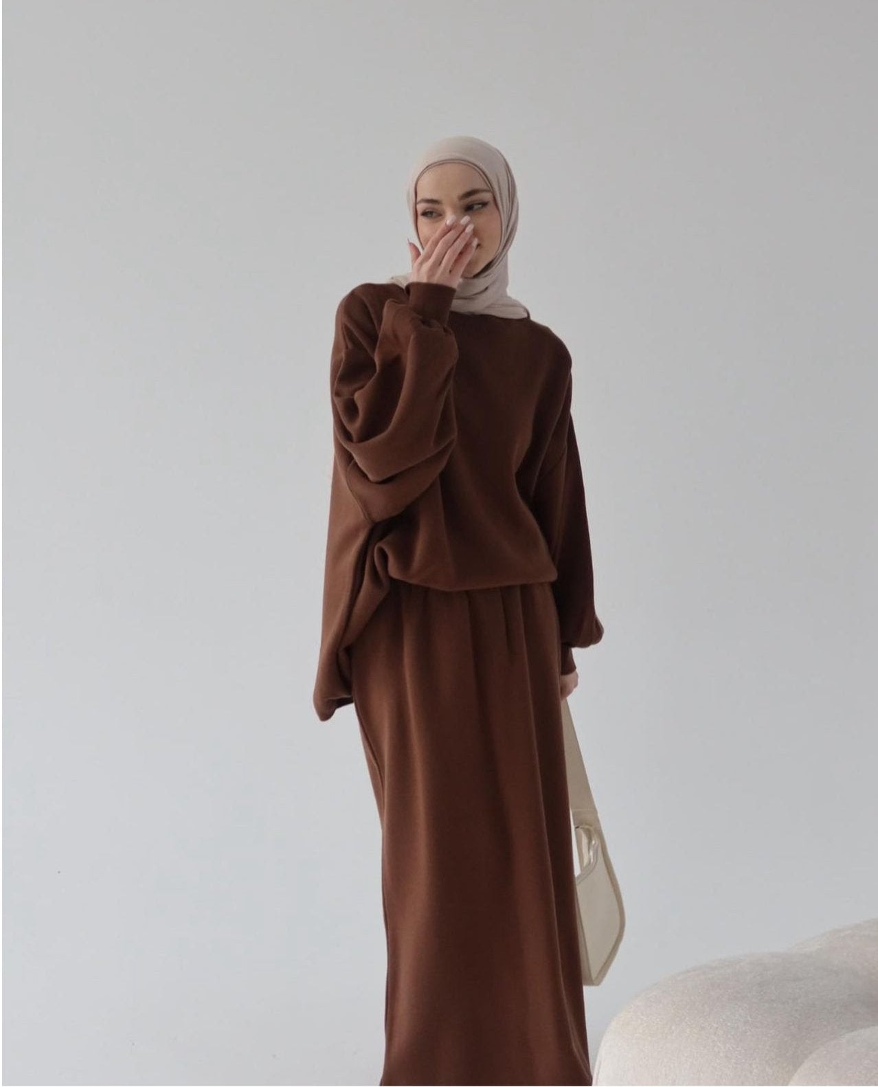 Hazal knitted modest two piece set women | Hijab winter skirt coord | Fall Brown