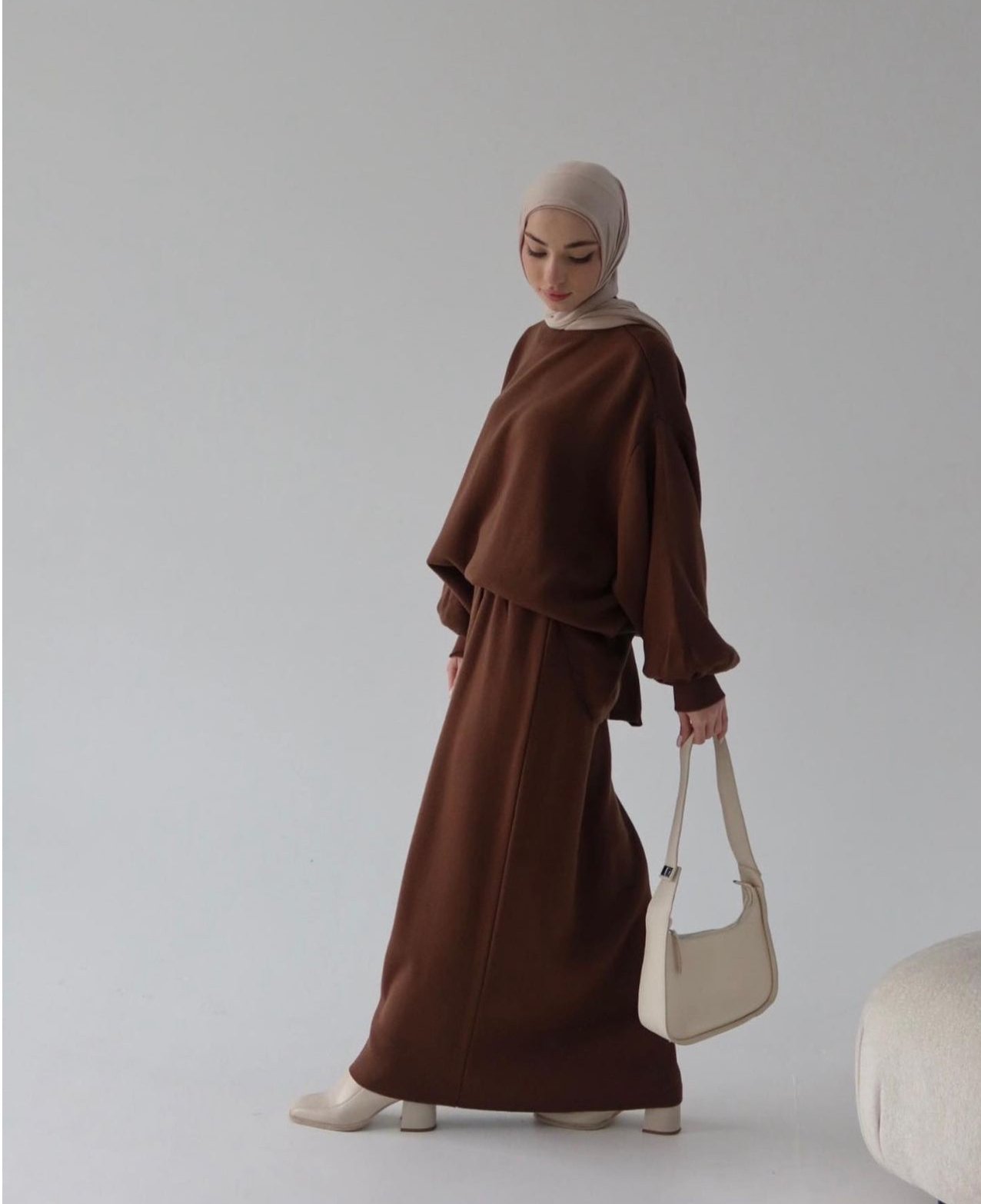 Hazal knitted modest two piece set women | Hijab winter skirt coord | Fall Brown