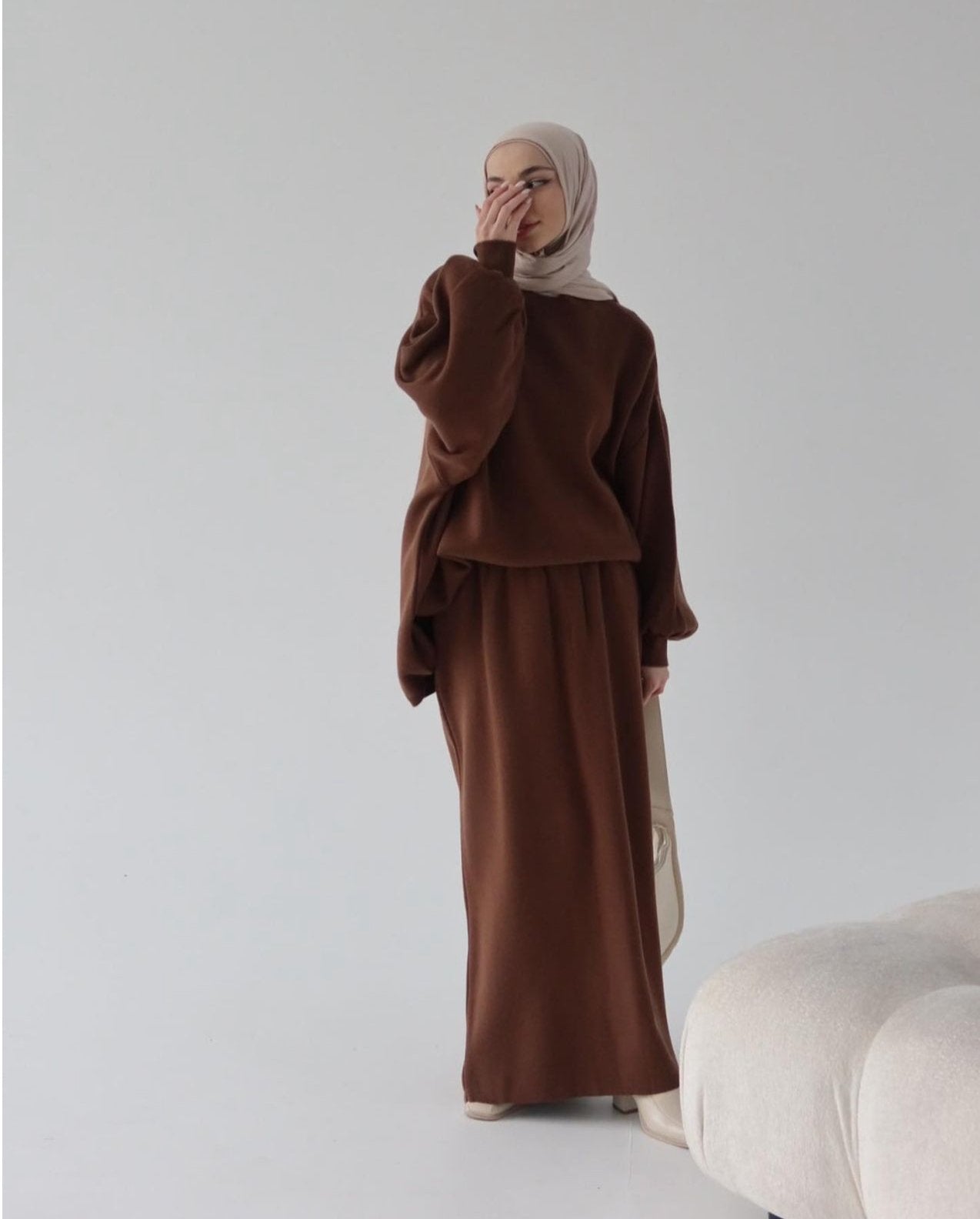 Hazal knitted modest two piece set women | Hijab winter skirt coord | Fall Brown