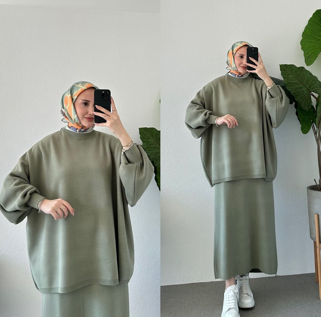 Hazal knitted modest two piece set women | Hijab winter skirt co ord | Matcha