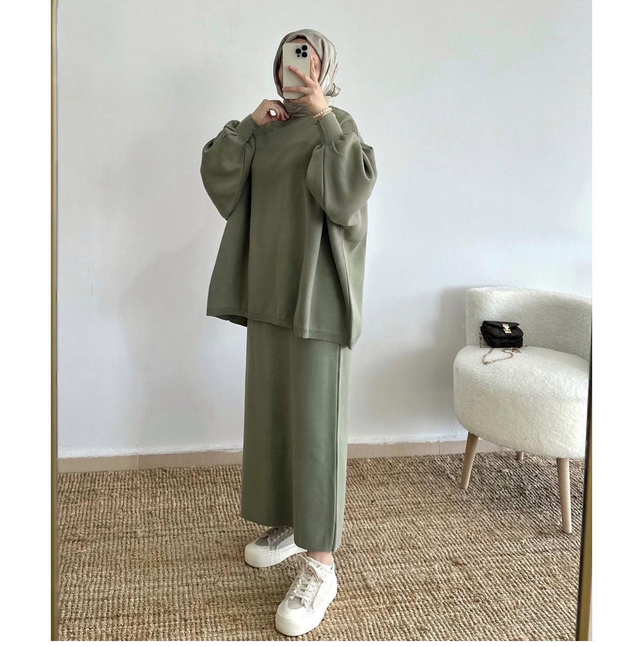 Hazal knitted modest two piece set women | Hijab winter skirt co ord | Matcha