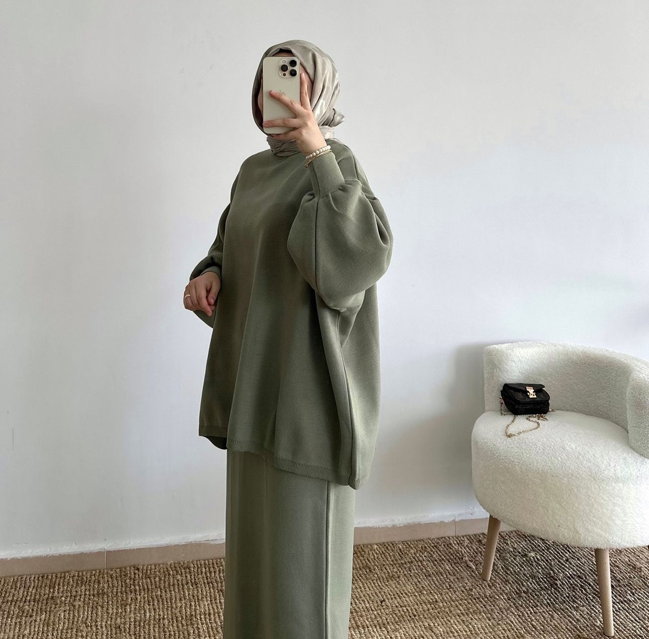 Hazal knitted modest two piece set women | Hijab winter skirt co ord | Matcha