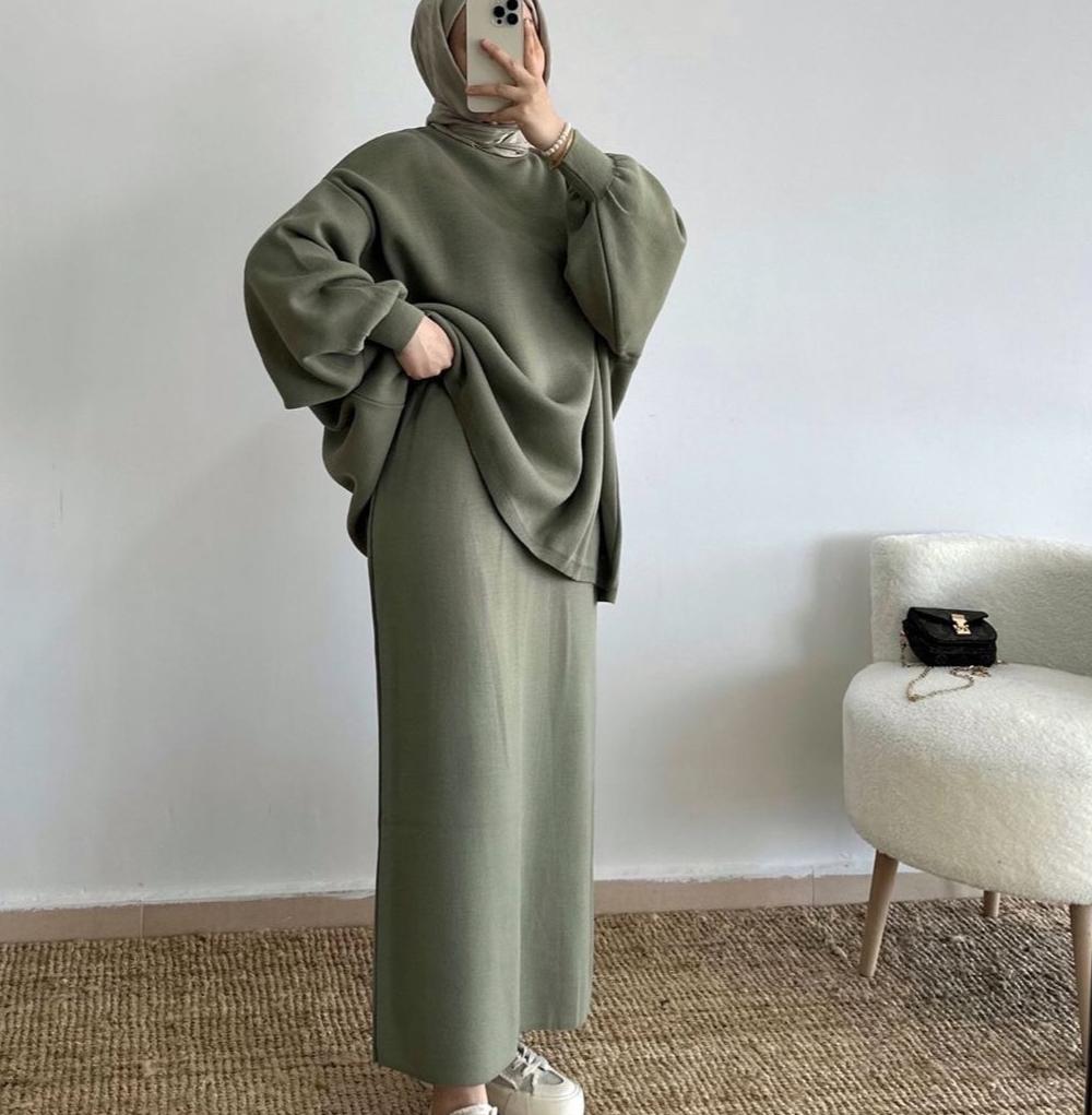 Hazal knitted modest two piece set women | Hijab winter skirt co ord | Matcha