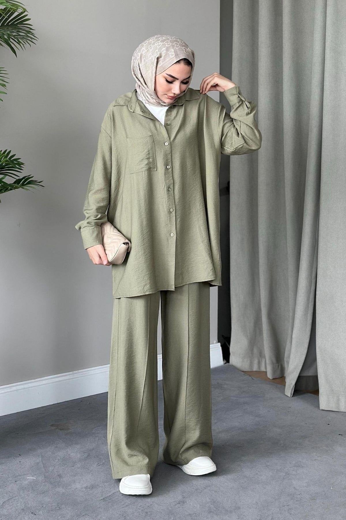 SOFIA LINEN TROUSERS SET | TROUSERS HIJAB COORS | SAGE GREEN – HIYA LONDON