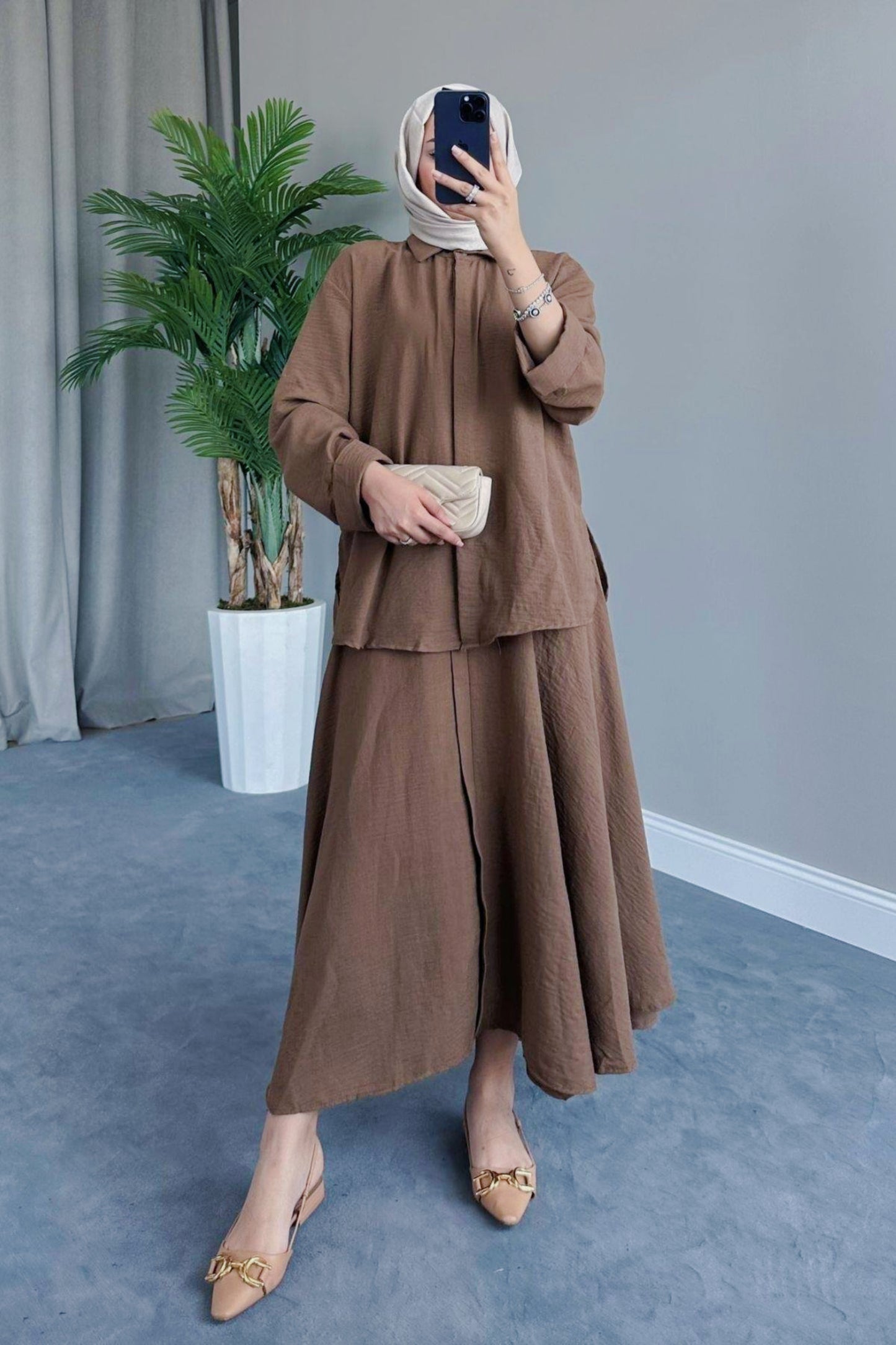 SOFIA LINEN SKIRT SET | HIJAB SKIRT COORS | HAZELNUT