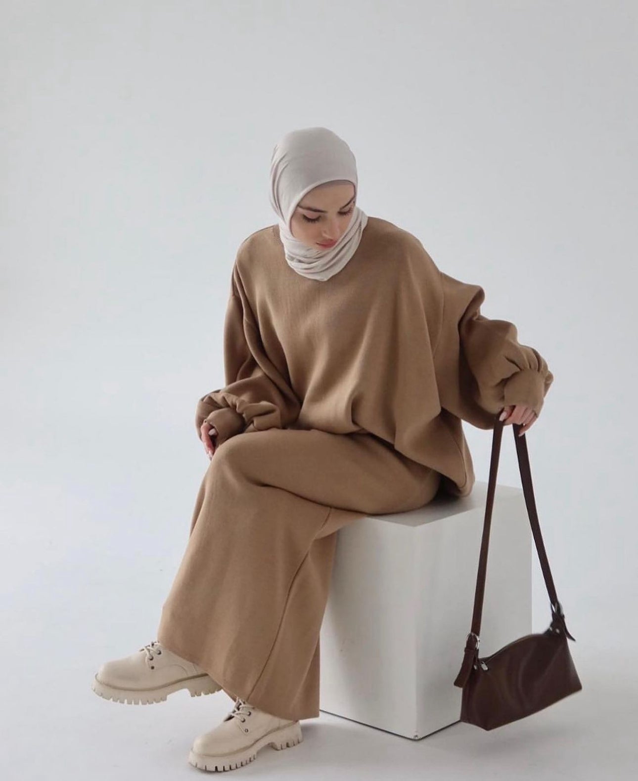 Hazal knitted modest two piece set women | Hijab winter skirt co ord | Pale Mink