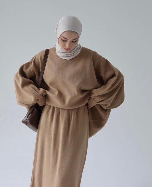 Hazal knitted modest two piece set women | Hijab winter skirt co ord | Pale Mink