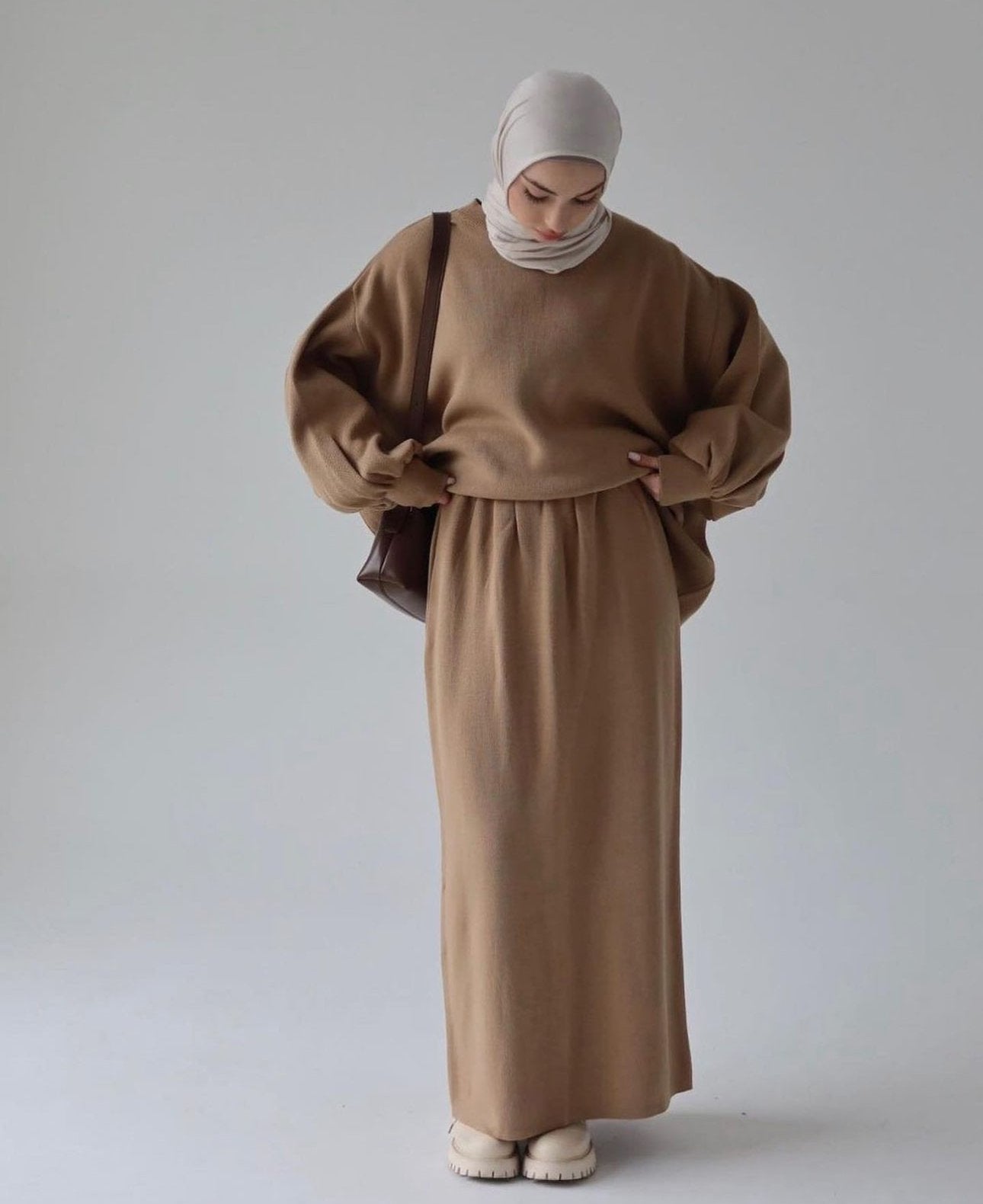 Hazal knitted modest two piece set women | Hijab winter skirt co ord | Pale Mink