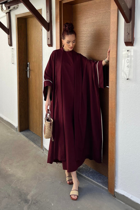 Rose 2 Piece Linen Abaya Set | Open Butterfly Abaya |Red Flower
