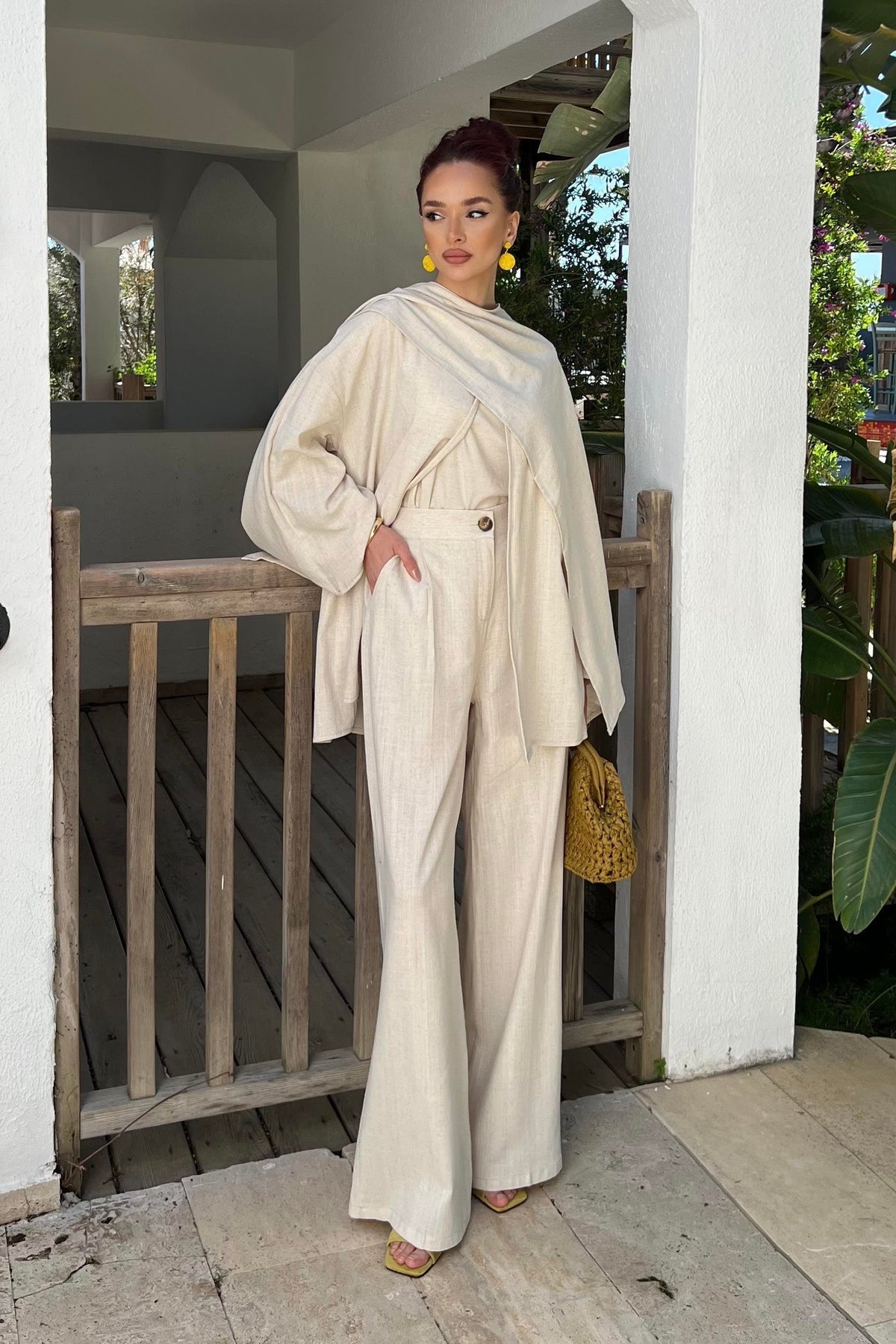 Flora Linen Modest Set with Draped Shawl | Hijab 2 Piece Set – Cream