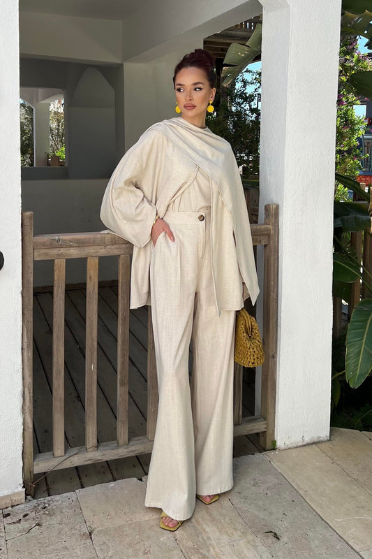 Flora Linen Modest Set with Draped Shawl | Hijab 2 Piece Set – Cream