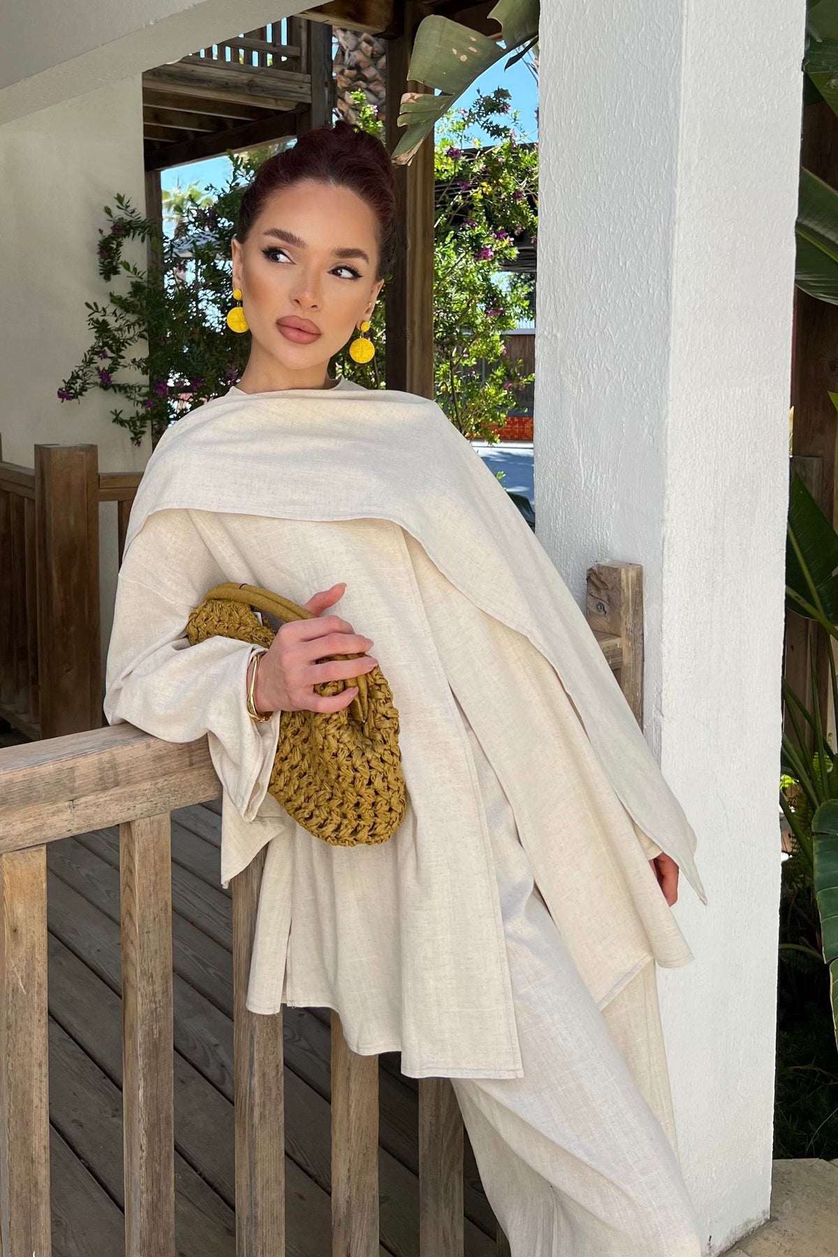 Flora Linen Modest Set with Draped Shawl | Hijab 2 Piece Set – Cream
