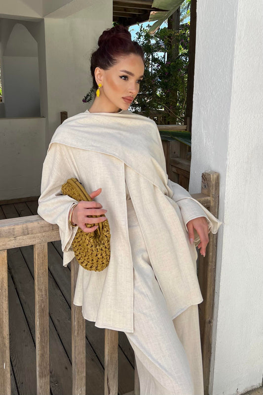Flora Linen Modest Set with Draped Shawl | Hijab 2 Piece Set – Cream