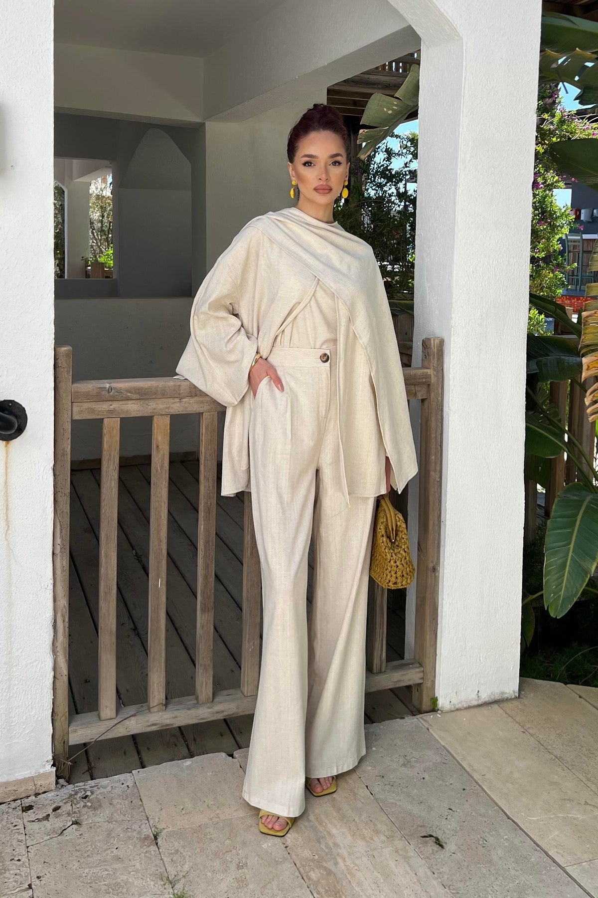 Flora Linen Modest Set with Draped Shawl | Hijab 2 Piece Set – Cream
