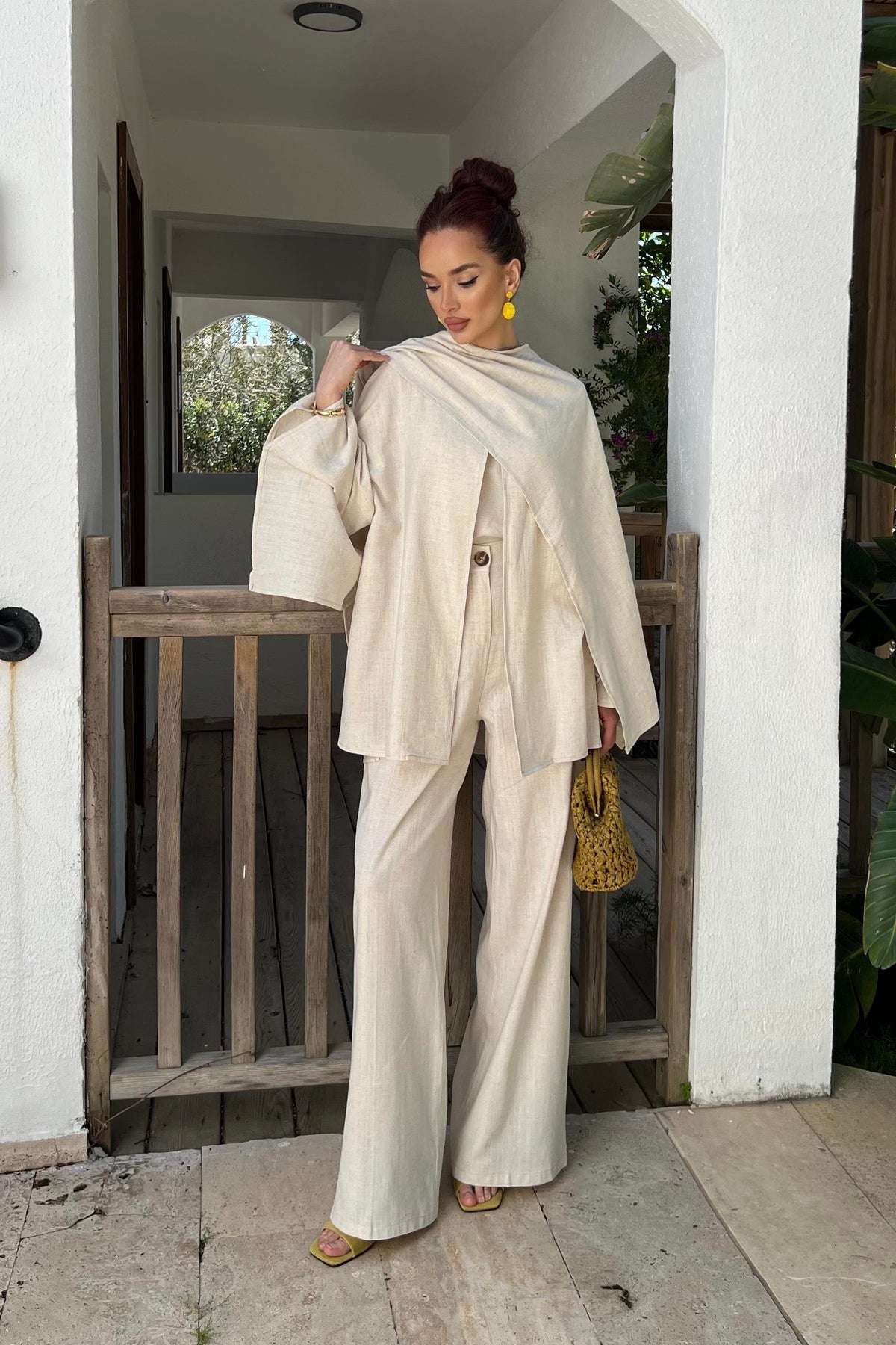Flora Linen Modest Set with Draped Shawl | Hijab 2 Piece Set – Cream