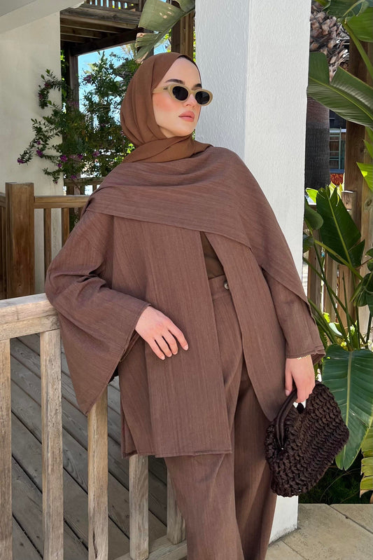 Flora Linen Modest Set with Draped Shawl | Hijab 2 Piece Set – Muted Brown