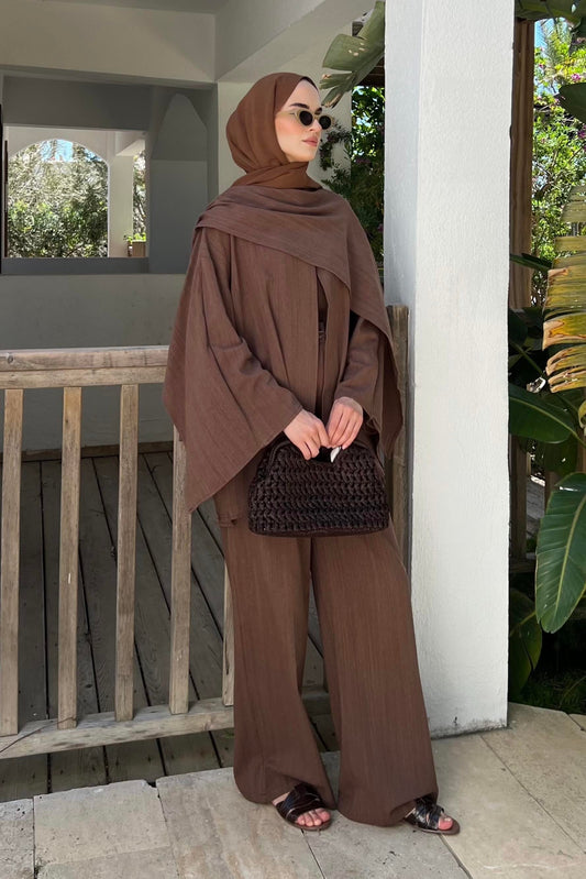 Flora Linen Modest Set with Draped Shawl | Hijab 2 Piece Set – Muted Brown