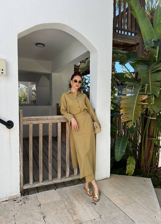 Daisy 3 Piece Linen Co-Ord Set – Shirt and Wrap Trousers | Muted Mustard
