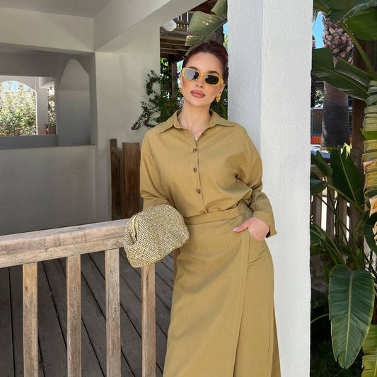 Daisy 3 Piece Linen Co-Ord Set – Shirt and Wrap Trousers | Muted Mustard