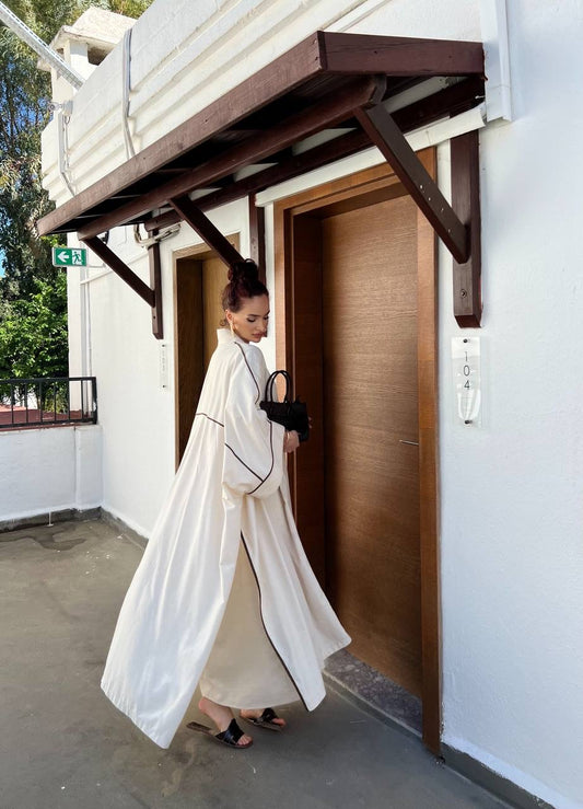 Rose 2 Piece Linen Abaya Set | Open Butterfly Abaya | White Tulip