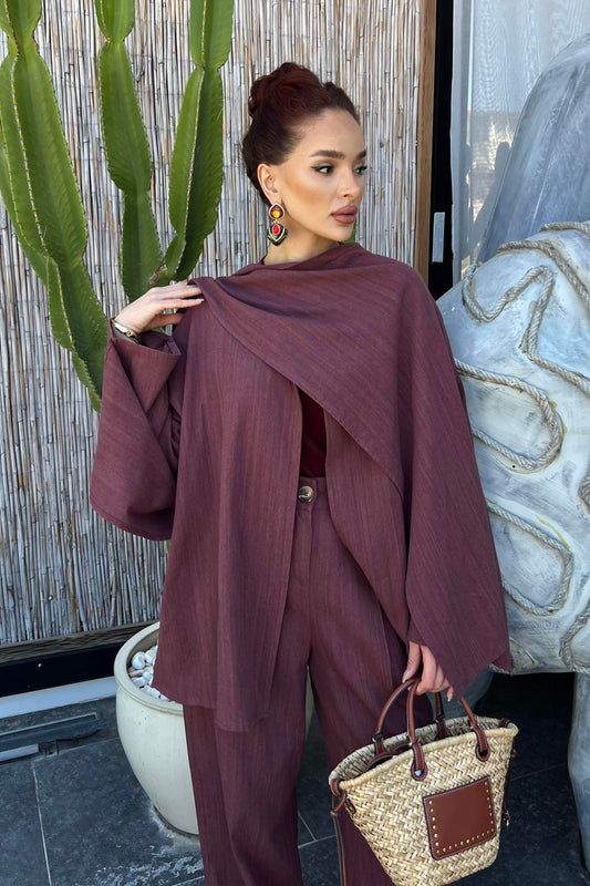 Flora Linen Modest Set with Draped Shawl | Hijab 2 Piece Set – Deep Rosy Brown