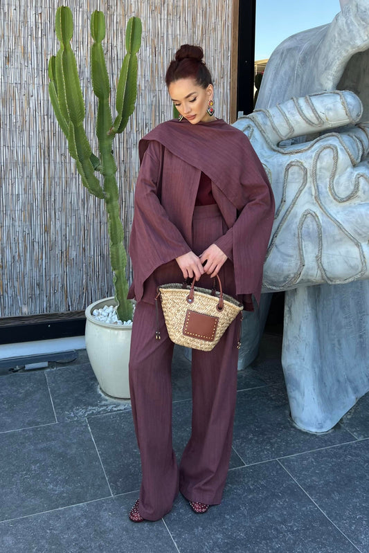 Flora Linen Modest Set with Draped Shawl | Hijab 2 Piece Set – Deep Rosy Brown