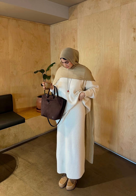 Layan Luxe Fuzzy Knit Skirt Set - Hijab Modest Skirt Co-ord | Off White