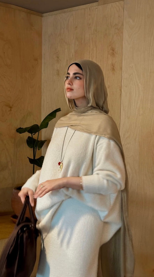 Layan Luxe Fuzzy Knit Skirt Set - Hijab Modest Skirt Co-ord | Off White