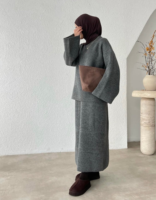Tala Hijab Skirt Set- Essential  Knit Skirt Co-ord   | Dark Grey