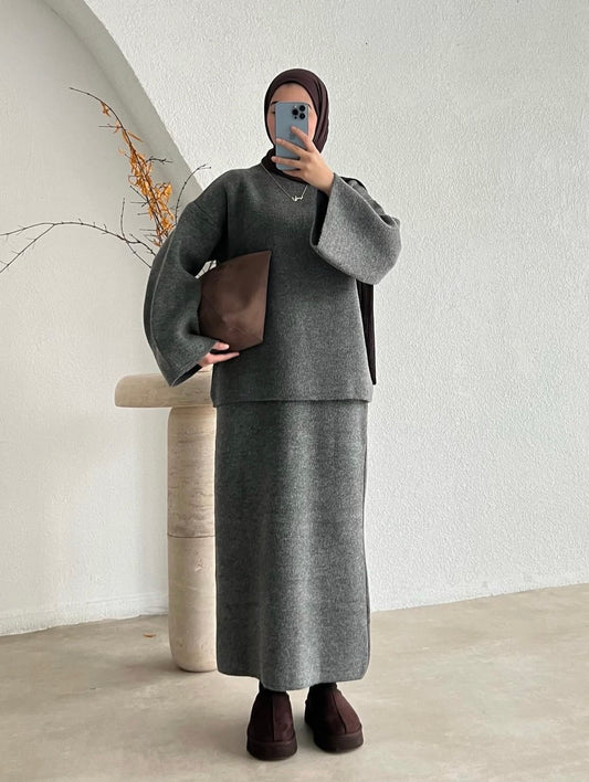 Tala Hijab Skirt Set- Essential  Knit Skirt Co-ord   | Dark Grey