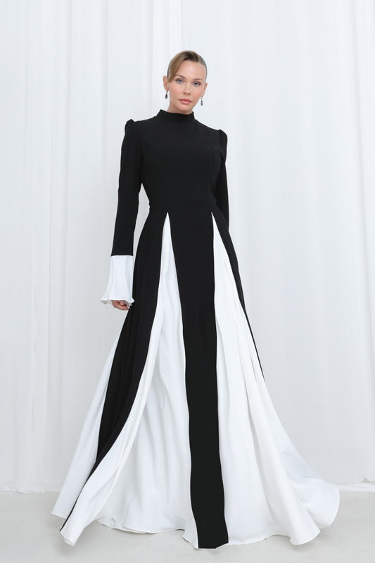 Hijab Two-Tone Maxi Dress – Black & White Pleated Dress - Tall Girl Friendly | Aura