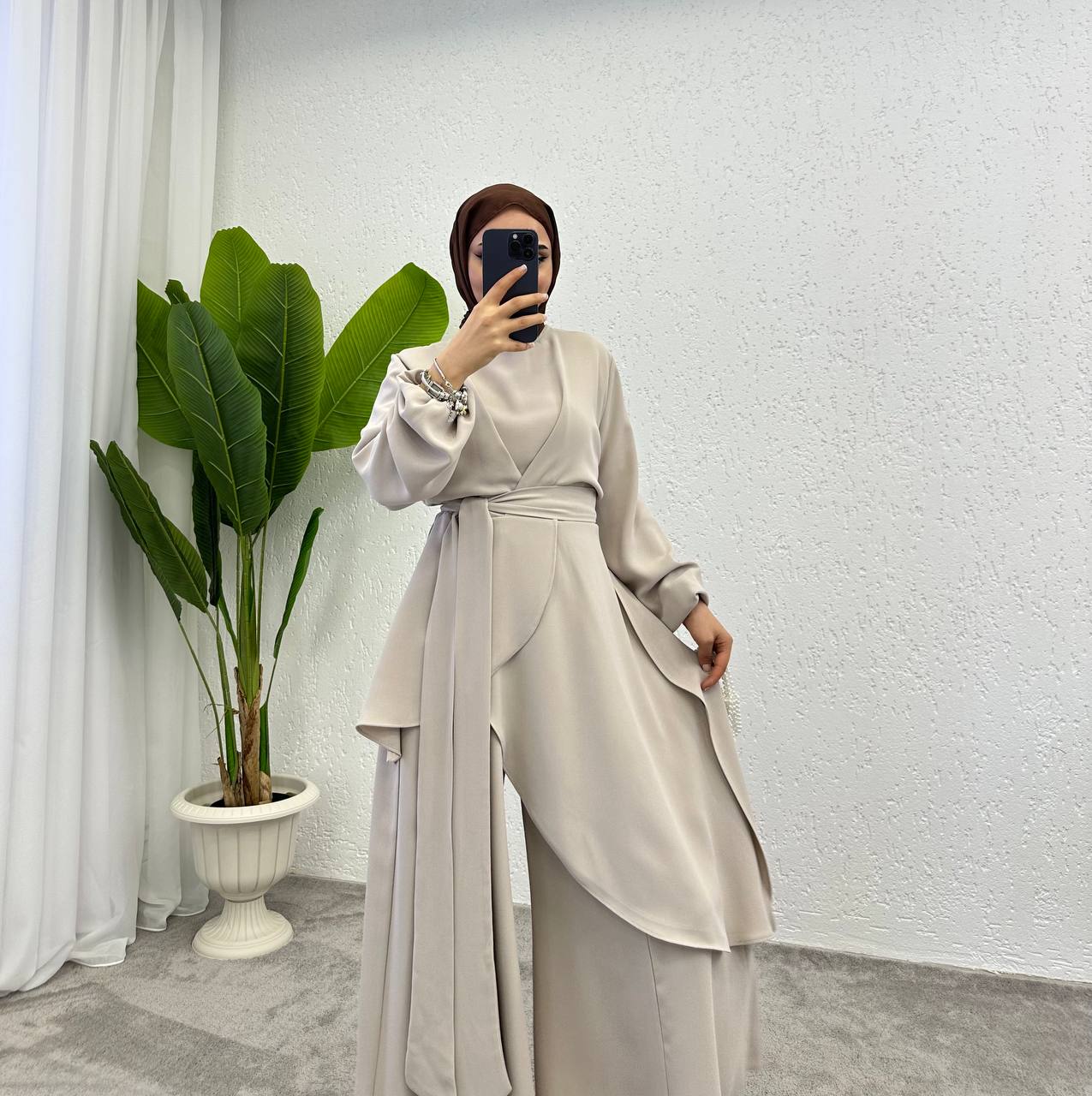 SAFAD PLEATED WIDE TROUSERS CO-ORD SET| STONE