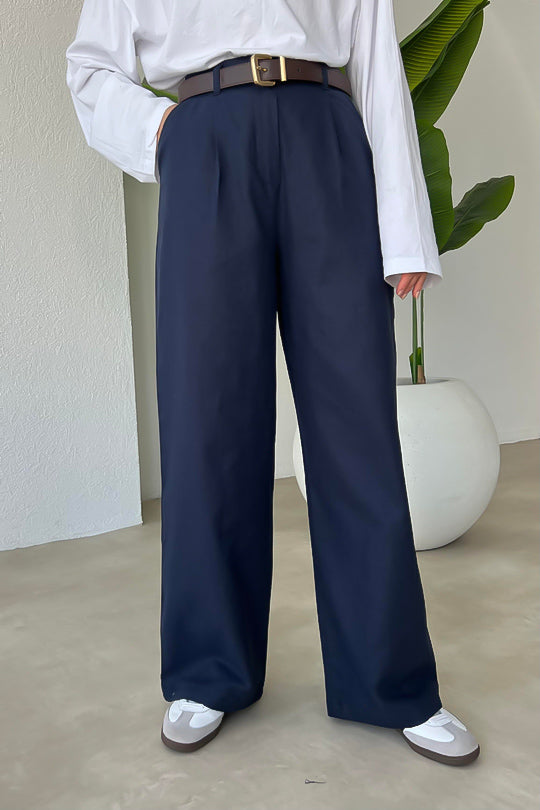 ALYA WIDE-LEG HIGH-WAIST TROUSERS | DARK BLUE